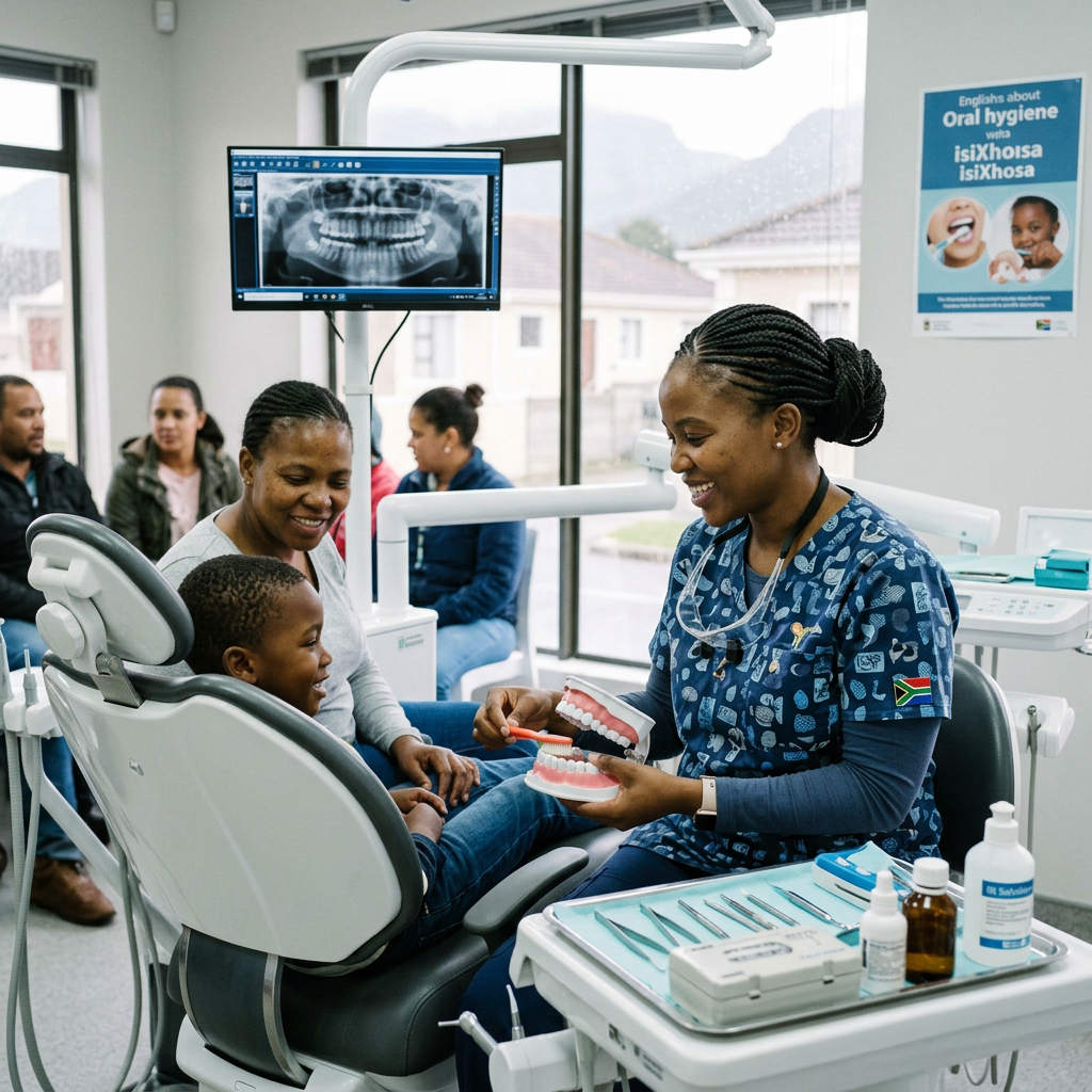 Dr. Cole demonstrating brushing technique to a mother and child